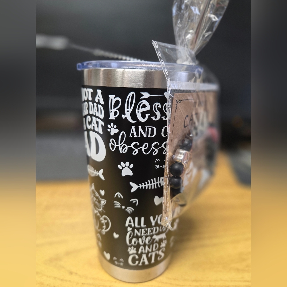 Dad Cat-Themed Tumbler with Lid And Bracelet